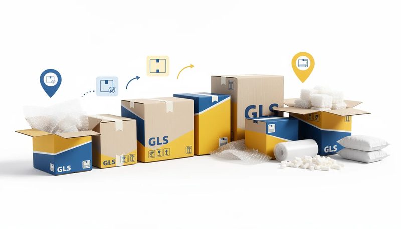 Versandkartons für GLS, die verschiedene Größen und Verpackungsmaterialien zeigen.