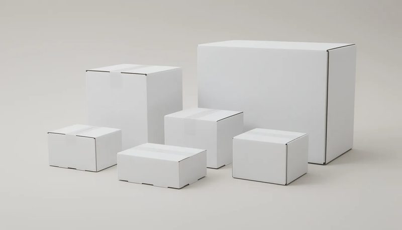 Eine Auswahl an weißen Kartons, die Bei KK Verpackungen erhältlich sind, mit verschiedenen Größen und Qualitäten.