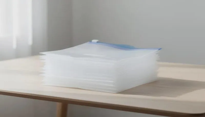 Klarsichtbeutel, ordentlich gestapelt zur Aufbewahrung.