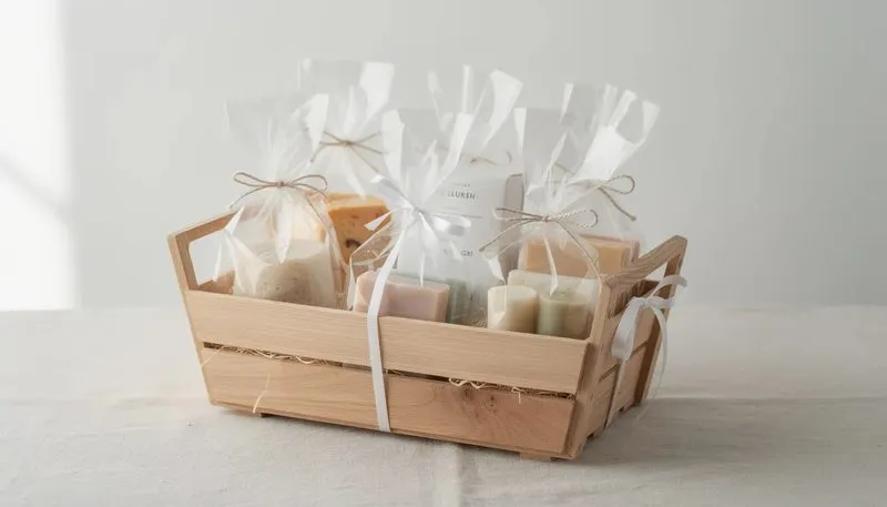 Ein Präsentkorb, der mit Klarsichtbeuteln für Geschenke dekoriert ist.