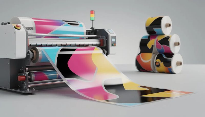 Ein Druckprozess, bei dem Farben auf Klebeband aufgetragen werden, um ein Logo zu erstellen.