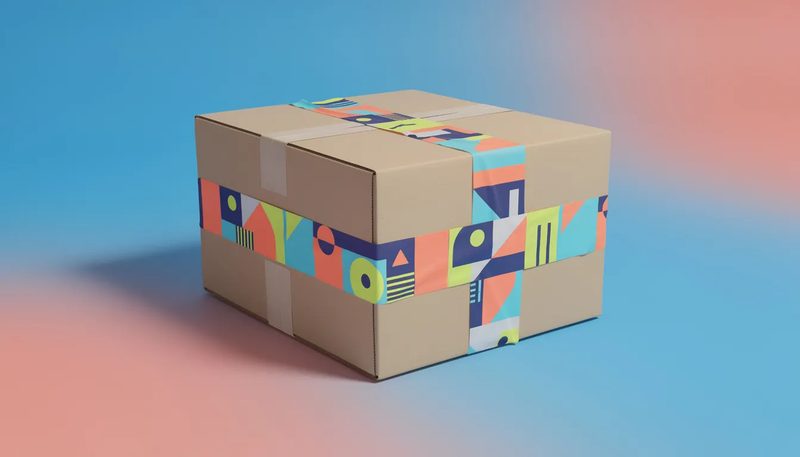 Ein Paket, das mit bedrucktem Klebeband versendet wird, um die Markenpräsenz zu stärken.