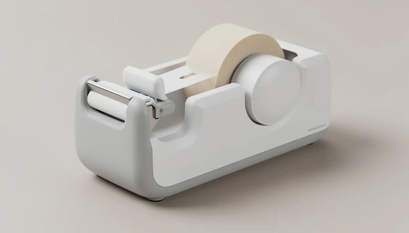 Detailansicht eines Klebebandabrollers mit Sicherheitsmerkmalen.