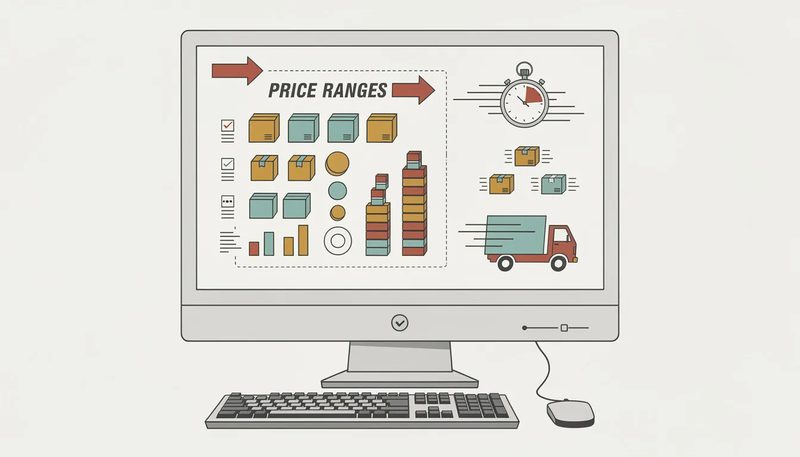 Preisspannen und Informationen zu schnellen Lieferungen für Verpackungsprodukte, die auf einem Computerbildschirm angezeigt werden.