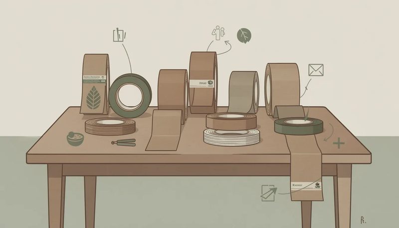 Umweltfreundliche Papierklebebänder auf einem Tisch, die nachhaltige Alternativen zu herkömmlichen Klebebändern darstellen.