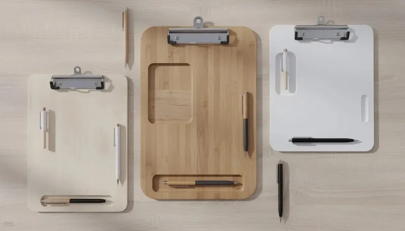 Klemmbretter mit besonderen Funktionen, wie Aufhängeösen und Stifthalterungen.