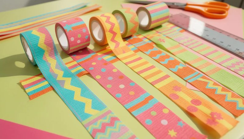 Verschiedene Arten von Kreppband, die für unterschiedliche Anwendungen bereitliegen.