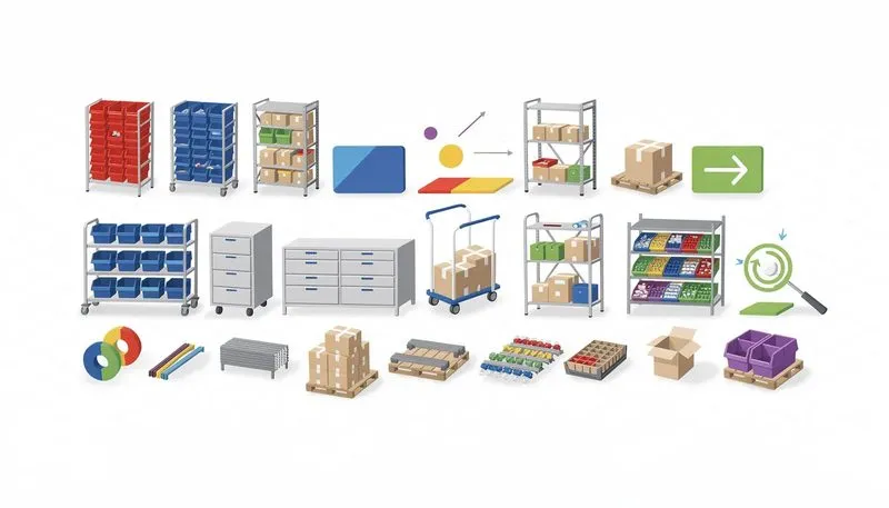 Verschiedene Lagerzubehörartikel für mehr Ordnung und Effizienz.