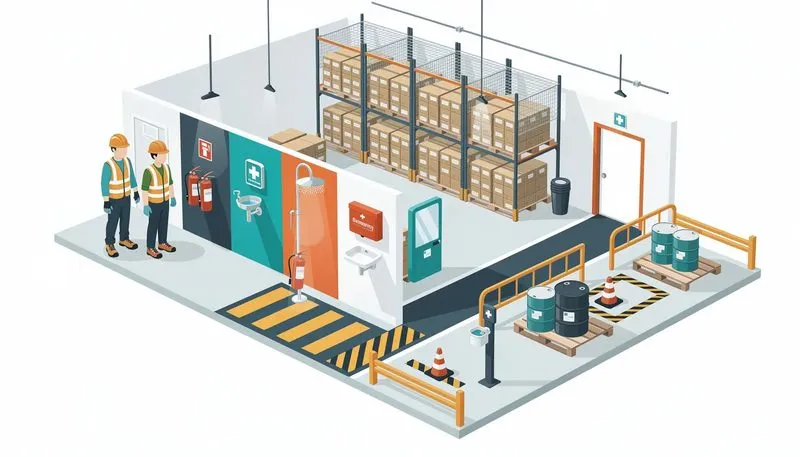 Sicherheitsausstattungen im Lager zur Minimierung von Risiken.