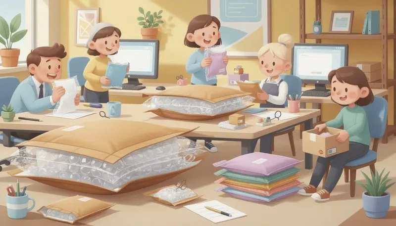 Materialien von Luftpolsterumschlägen, einschließlich Luftpolsterfolie.