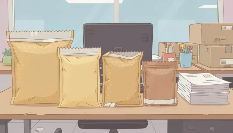 Verschiedene Größen von Luftpolsterumschlägen nebeneinander.