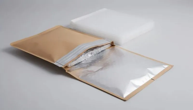 Materialien von Luftpolsterumschlägen, einschließlich Papier und Kunststoff.