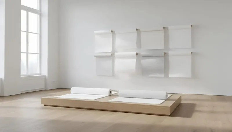 Verschiedene Varianten von Malervlies in einer Ausstellung.