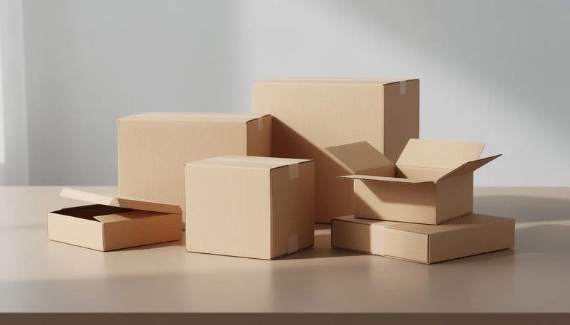 Verschiedene Größen von Maxibriefkartons auf einem Tisch.