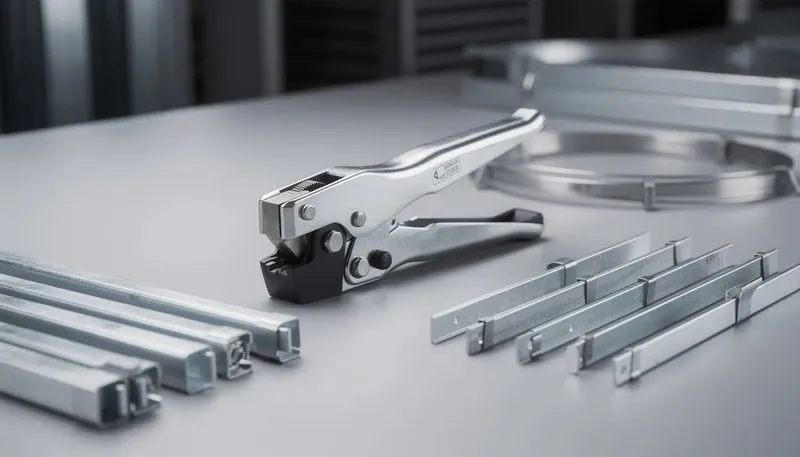 Ein Bandspanngerät, das für die Arbeit mit verzinkten Metallklemmen geeignet ist.