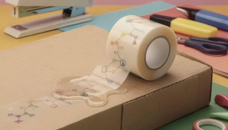 Nassklebeband, das gut auf Kartonoberflächen haftet und die chemische Verbindung zeigt.