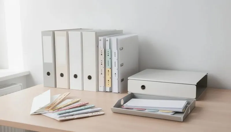 Zubehör für die Organisation von Dokumenten, einschließlich Register und Trennblätter.