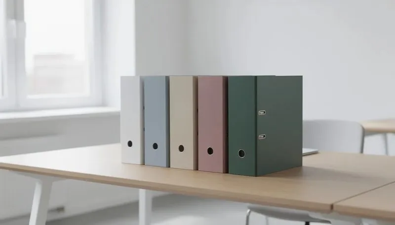 Verschiedene Farbvarianten von Ordnern, die in einem Büro zur Auswahl stehen.