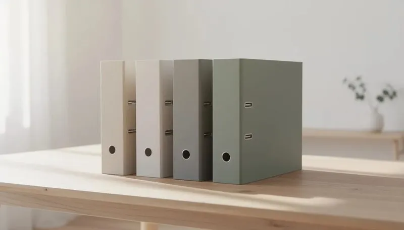 Umweltfreundliche Ordner aus nachhaltigen Materialien, die auf einem Tisch präsentiert werden.