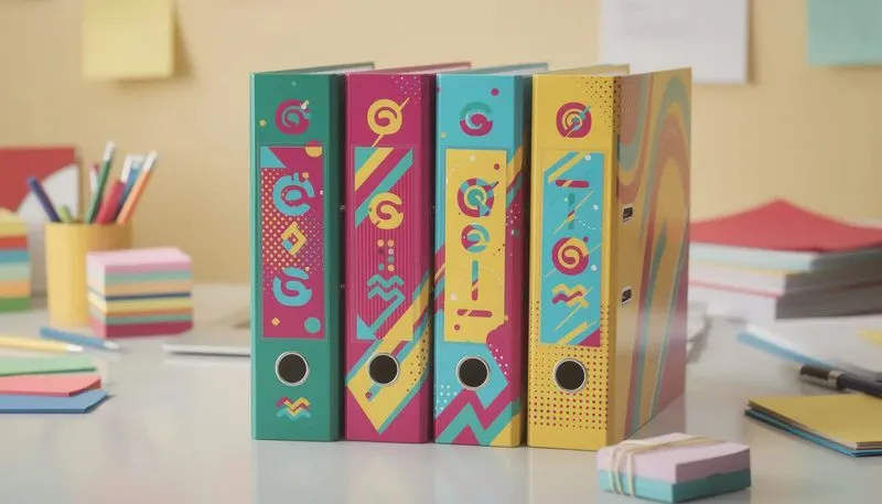 Selbst gestaltete Ordneretiketten mit Firmenlogo und Designs.