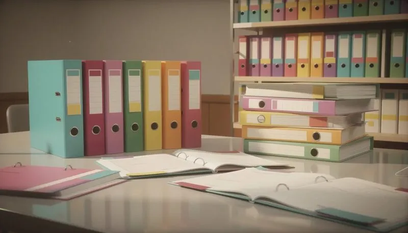 Farbige Ordneretiketten zur besseren Dokumentenorganisation.