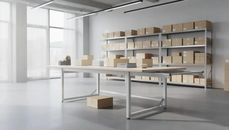 Ein ergonomisch gestalteter Packtisch in einem modernen Lager.