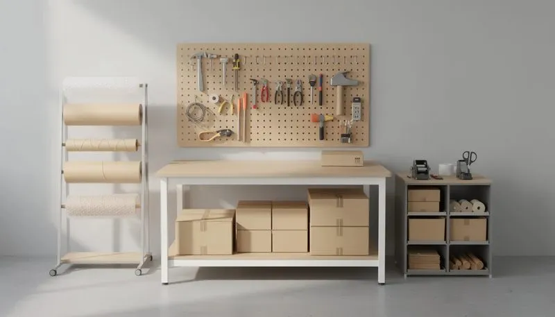 Ein Komplett-Packplatz mit verschiedenen Zubehörteilen und einer klaren Arbeitsfläche.