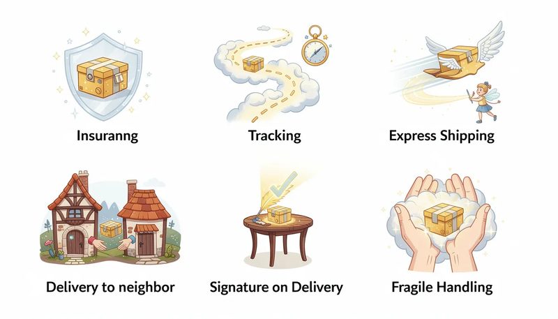 Zusatzleistungen für das DHL Päckchen M, visualisiert durch Icons.