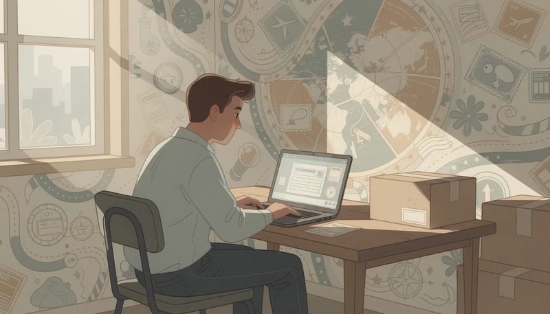 Eine Person erstellt einen Paketschein online mit einem Laptop.