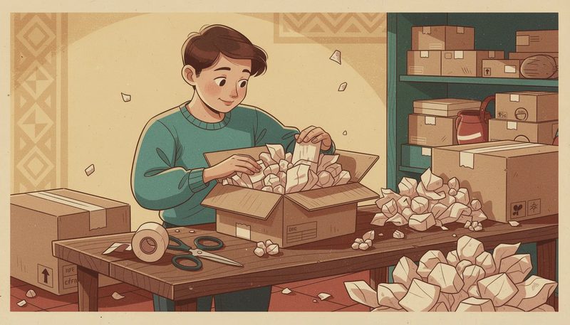 Eine Person packt ein Paket sicher mit Füllmaterial.