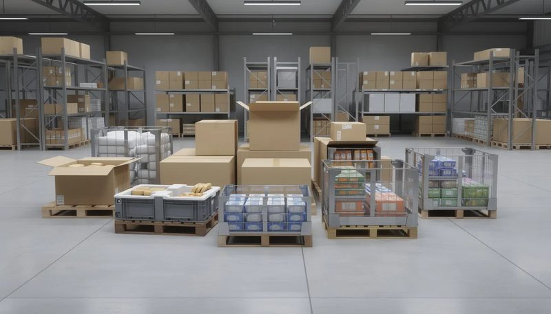 Verschiedene Materialien, die in Palettenkartons und Palettencontainern verwendet werden.