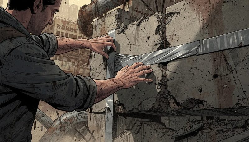 Jemand, der Panzertape auf einem unebenen Untergrund anbringt.