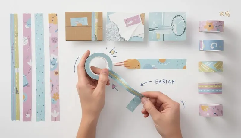 Verschiedene Produkteigenschaften von Papierklebebändern werden angezeigt.