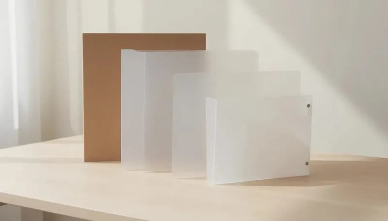 Verschiedene Materialien von Postmappen, einschließlich Pappe und Kunststoff.