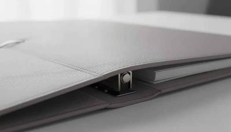 Nahaufnahme eines hochwertigen Praesentationsringbuchs mit Fokus auf Material und Verarbeitung.