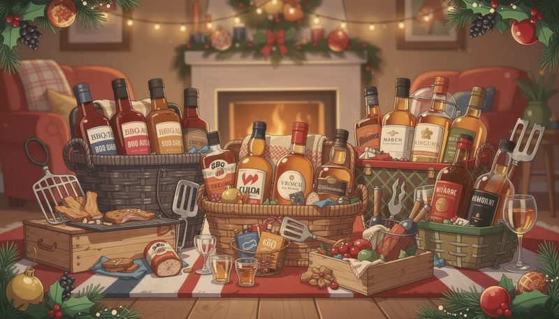 Präsentkörbe für Männer mit speziellen Vorlieben wie BBQ-Saucen und Whisky.