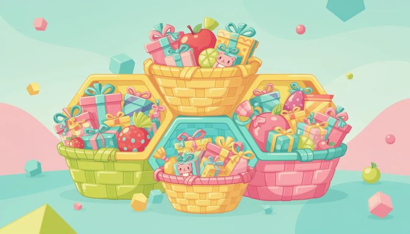 Ein kreativ gestalteter Präsentkorb, der verschiedene Geschenke ansprechend präsentiert.