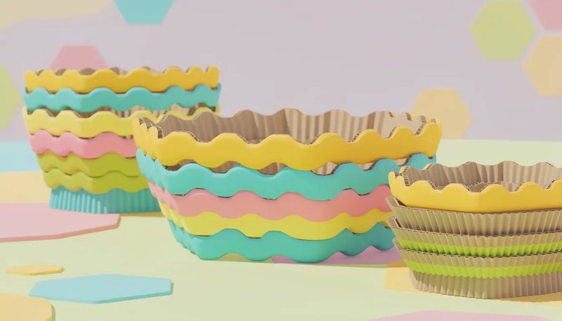 Nahaufnahme von Wellpappe und Wellkarton, die für die Herstellung von Präsentkörben verwendet werden.