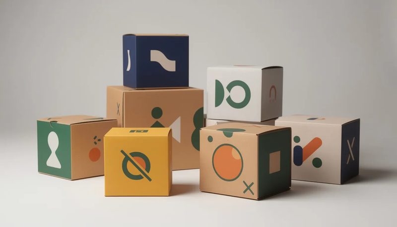 Individuell bedruckte quadratische Kartons mit Logos und Farben.