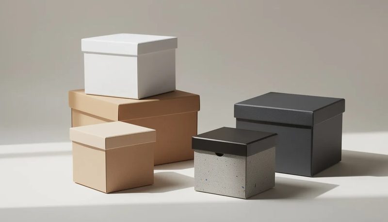 Ein Beispiel für verschiedene Materialien von quadratischen Kartons.