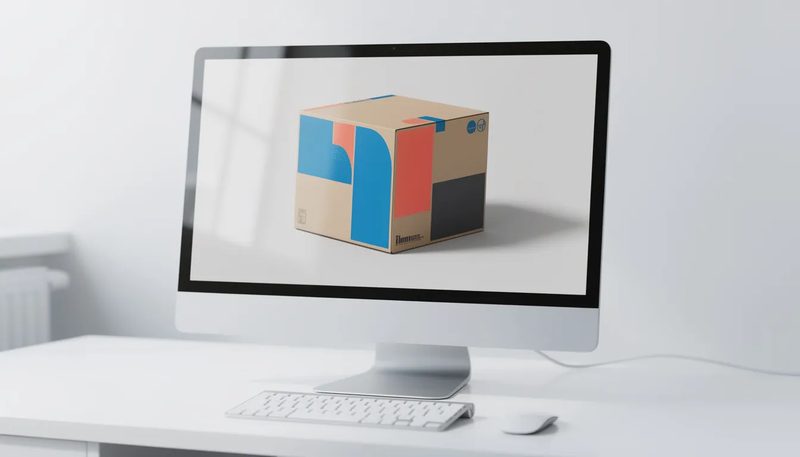 3D-Vorschau eines Kartondesigns auf einem Computerbildschirm.