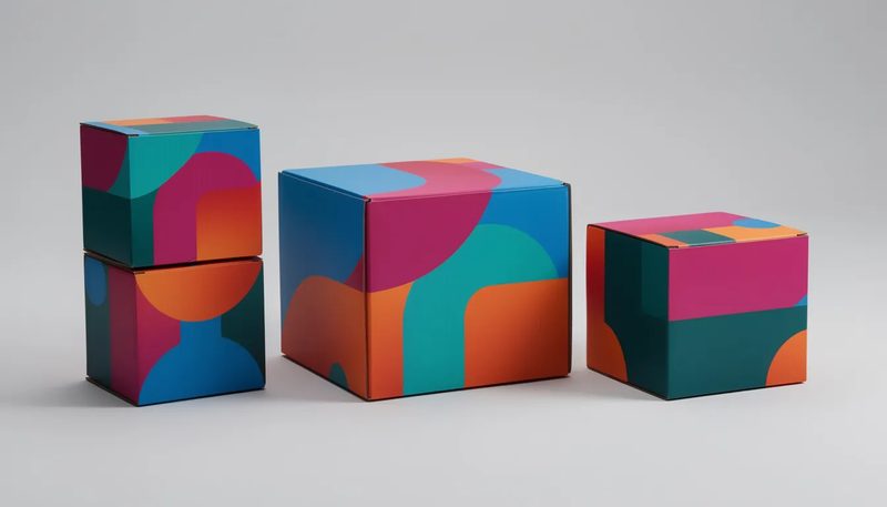 Beispiel für scharfe Designs im Digitaldruck auf quadratischen Kartons.