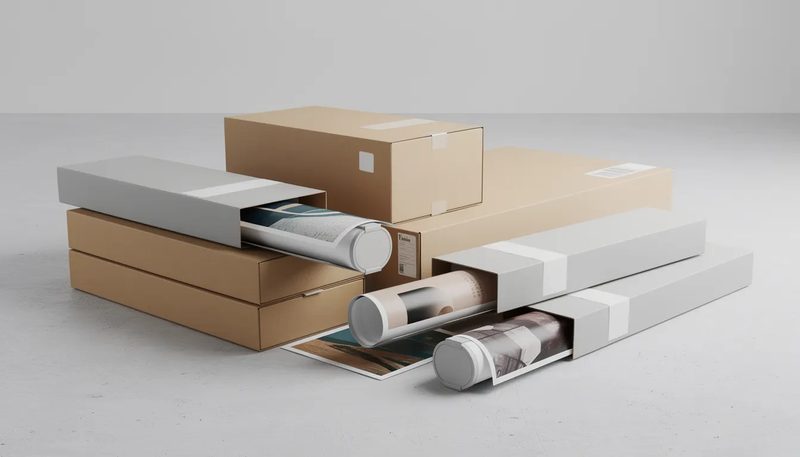 Beispiele für den Versand von Postern und Kalendern in quadratischen Versandhülsen.