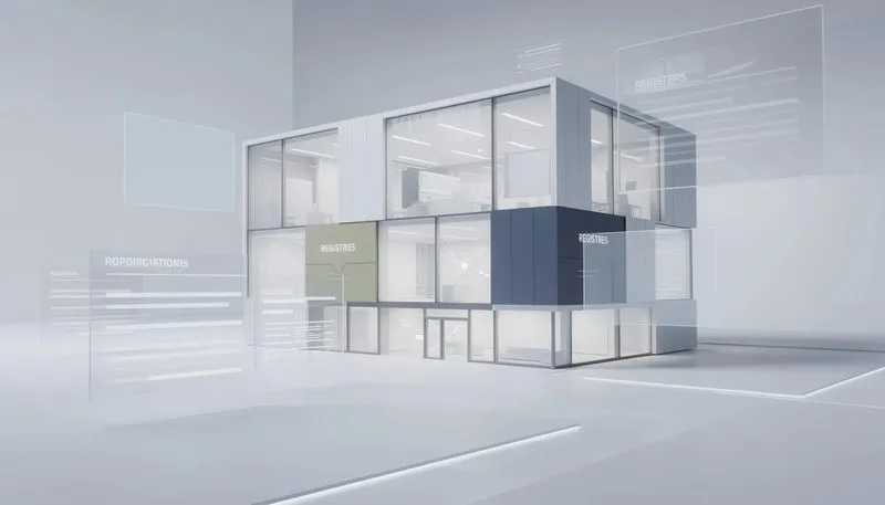 Ein Bild eines Verwaltungsgebäudes, das mit verschiedenen Registern in der Verwaltung zu tun hat.