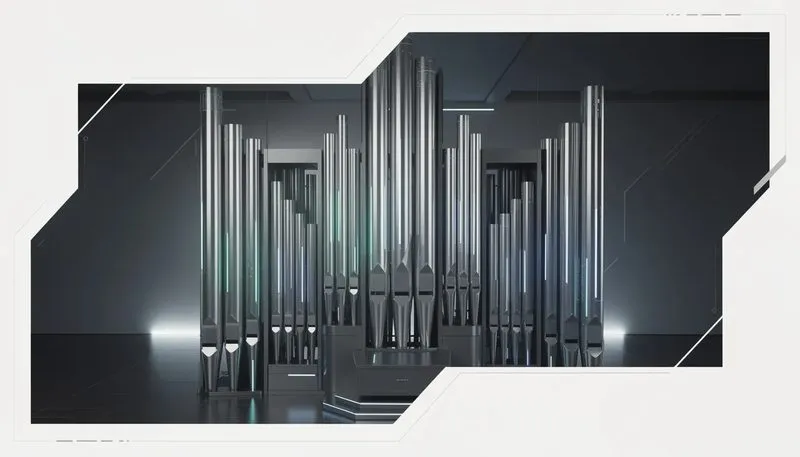 Eine Orgel mit sichtbaren Pfeifen, die die musikalischen Register darstellt.