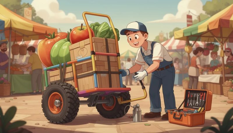 Pflege und Wartung von Sackkarren, einschließlich der Inspektion von Reifen.