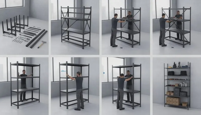 Schritt-für-Schritt Anleitung zur Montage eines Schwerlastregals in einer Werkstatt.