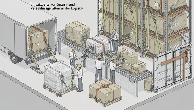 Einsatzgebiete von Spann- und Verschlussgeräten in der Logistik.