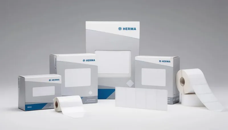 Produkte von HERMA, einschließlich Textetiketten in einer ansprechenden Verpackung.