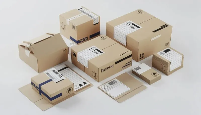 Pakete mit Textetiketten, die für den Versand vorbereitet sind.